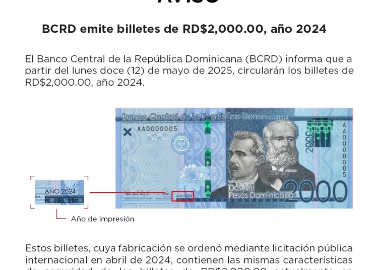 Banco central anuncia circulación de nuevos billetes de rd$2,000