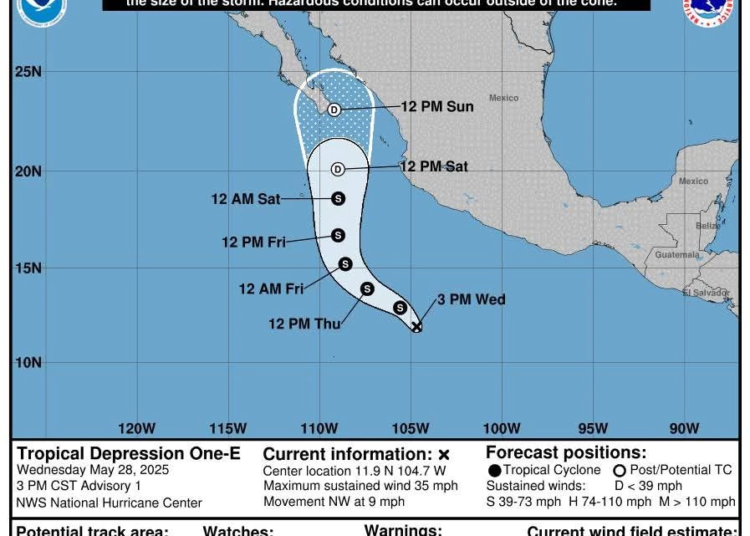 La Depresión Tropical Uno-E se forma en el Pacífico, el primer ciclón de 2025, provocando lluvias intensas y oleaje elevado en el centro y occidente de México.