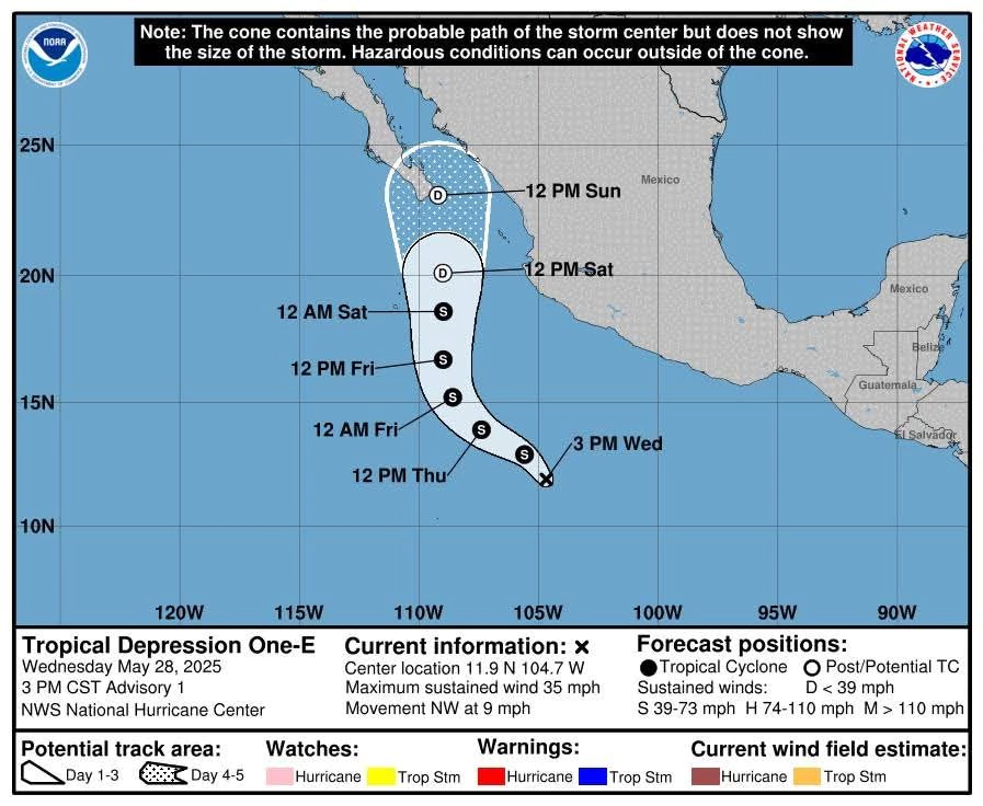 La Depresión Tropical Uno-E se forma en el Pacífico, el primer ciclón de 2025, provocando lluvias intensas y oleaje elevado en el centro y occidente de México.