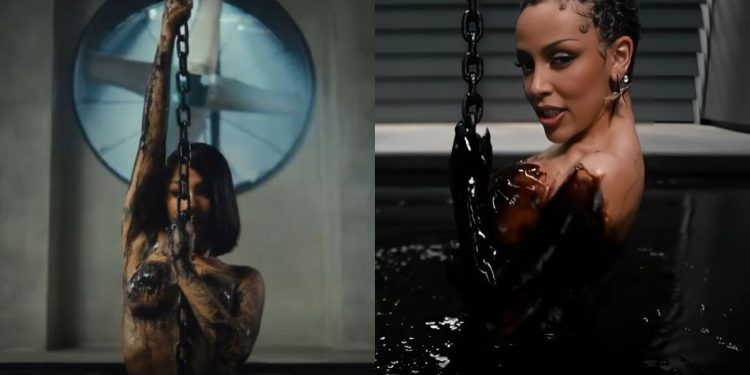 Comparación visual de escenas del video 'Todos Mienten' de Yailin con videos de Doja Cat y Miley Cyrus.