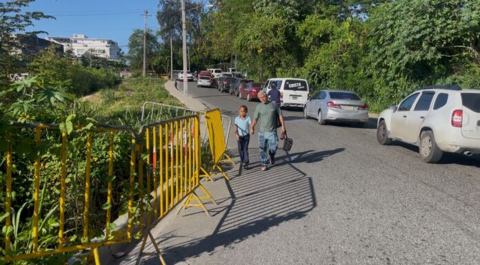 Aceras severamente dañadas y en mal estado en la calle Ercilia Pepín, Arroyo Hondo II, Santo Domingo, obligando a los peatones a usar la calle.