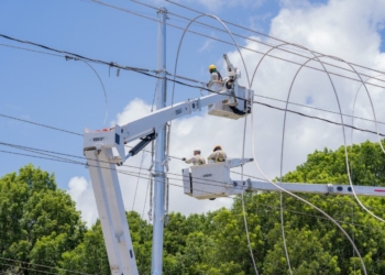 Écnicos de eted realizando trabajos de mantenimiento en una torre de alta tensión.