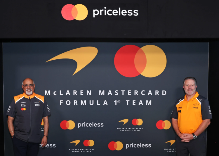 AMSTERDAM, NETHERLANDS - AUGUST 27: Raja Rajamannar, Chief Marketing and Communications Officer, Mastercard and Zak Brown, Chief Executive Officer of McLaren pose for a photo as McLaren Racing Announces Mastercard as Official Naming Partner of McLaren Formula 1 Team from 2026 at Gashouder Westergasfabriek on August 27, 2025 in Amsterdam, Netherlands.  (Photo by Andrew Ferraro/Getty Images for Mastercard)