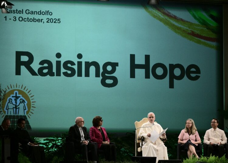 Pope Leo XIV attends the International Conference Raising Hope for Climate Justice on the occasion of the 10th Anniversary of the Encyclical Laudato Si at Mariapolis Center in Castel Gandolfo on October 01, 2025. (Photo by Tiziana FABI / AFP)