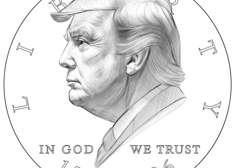 Boceto inicial de una moneda con el rostro del presidente de los Estados Unidos, Donald TrumpImagen tomada de la cuenta de X de Steve Guest (@steveguest)