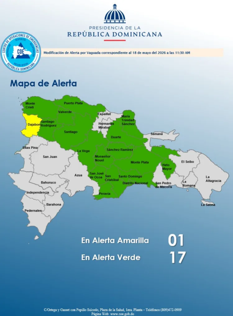 Coe coloca 16 provincias en alerta verde y a dajabón en amarilla por vaguada