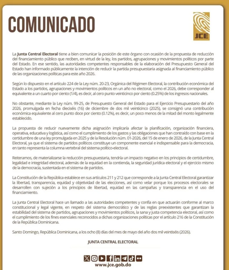 Jce rechaza reducción al financiamiento público de partidos políticos