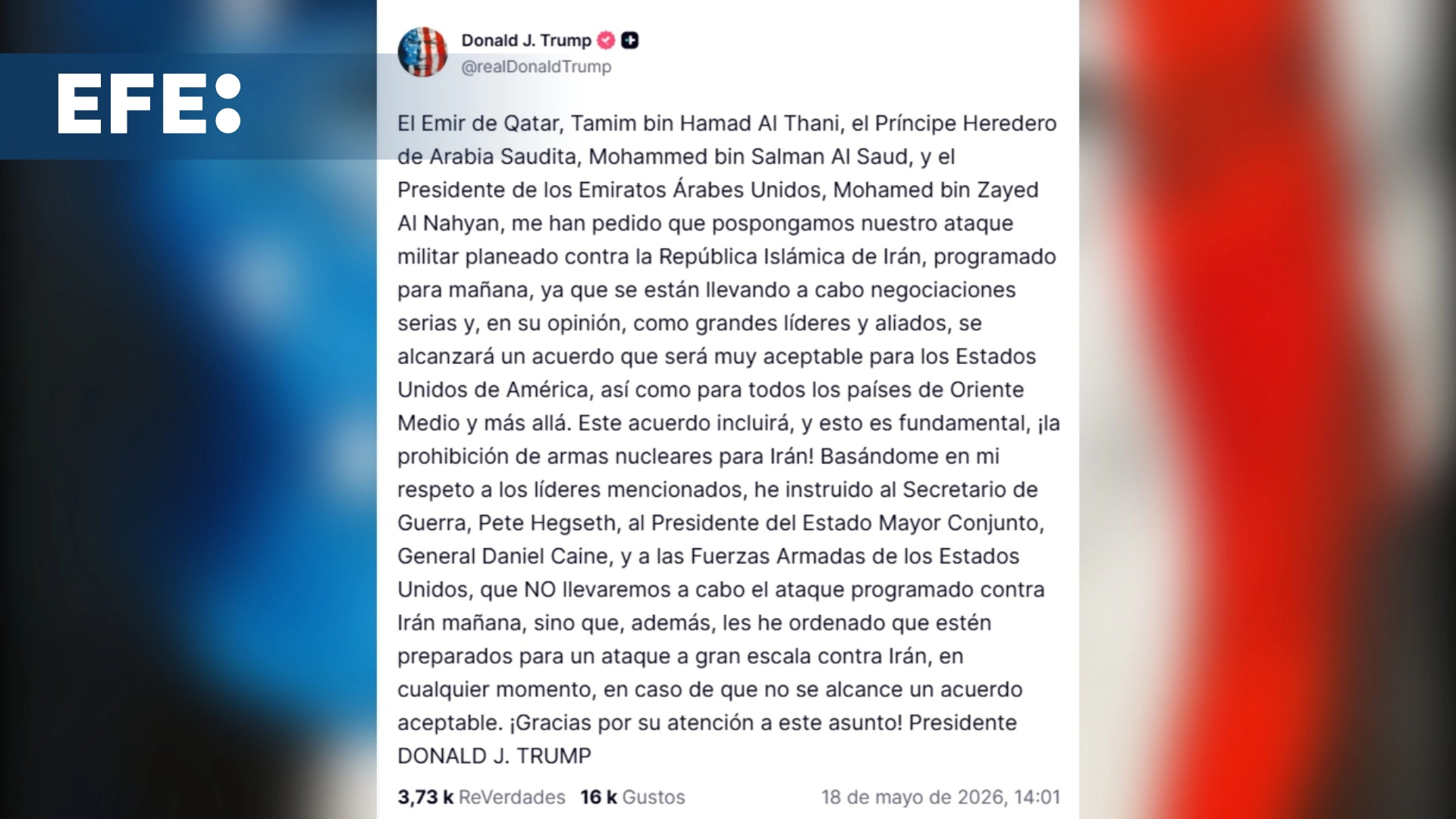 Trump suspende ataque militar contra irán a petición de líderes árabes