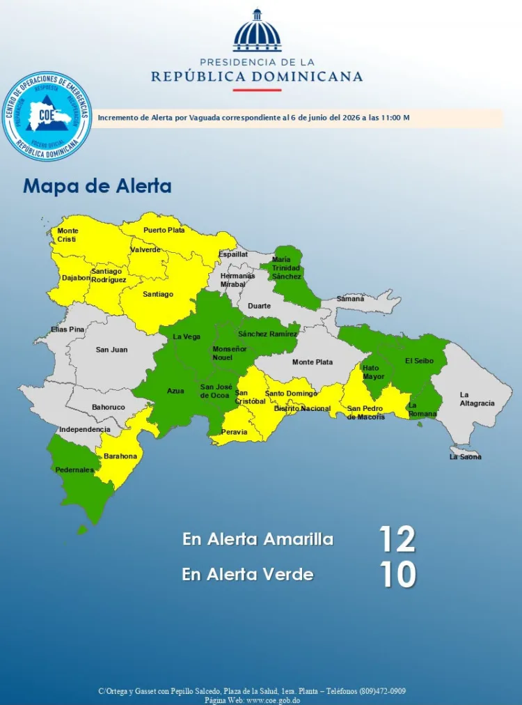 Vaguada y onda tropical siguen generando aguaceros; coe eleva a 22 las provincias en alerta