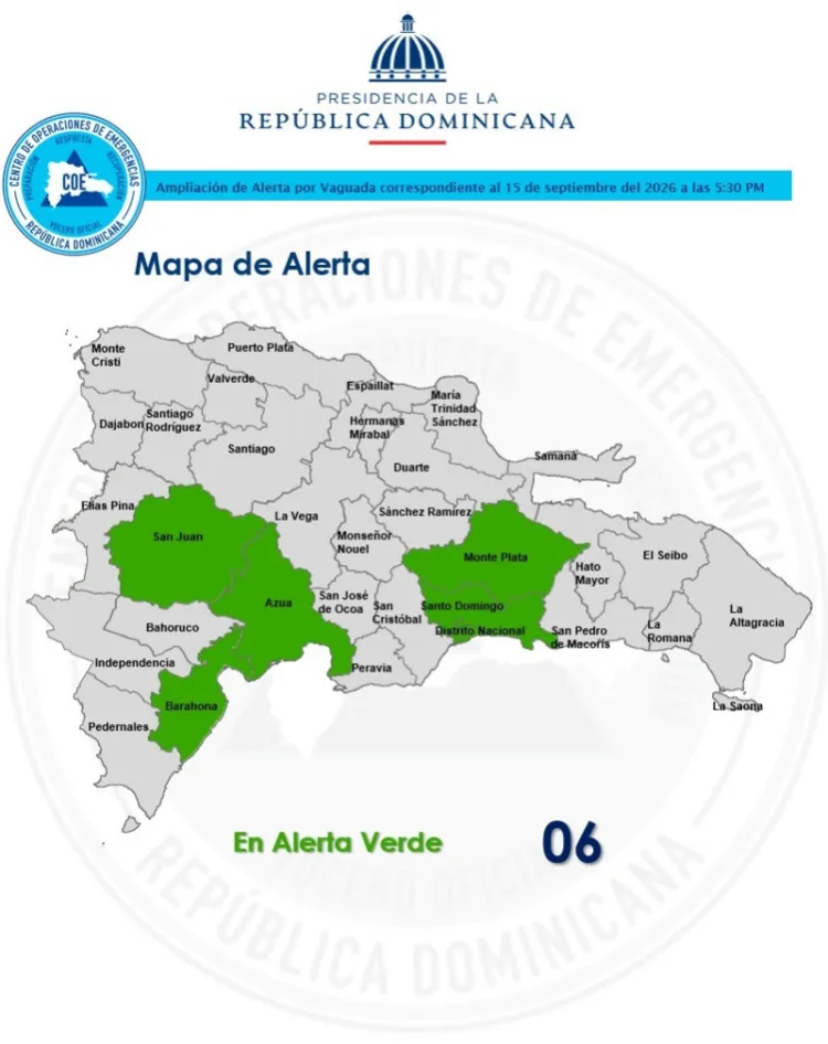 Coe amplía alerta verde a seis provincias por fuertes aguaceros y tormentas eléctricas