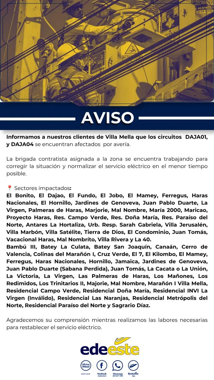 Avería deja sin electricidad a decenas de sectores de villa mella